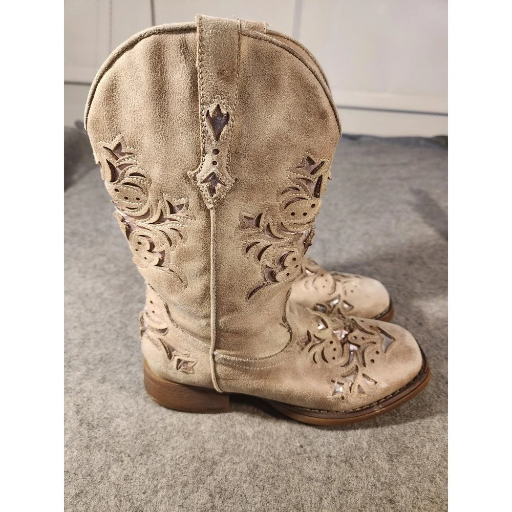 Roper Boots Kids Size 3 Beige Western Cowboy Square Toe Glitter Inlay Mid Calf